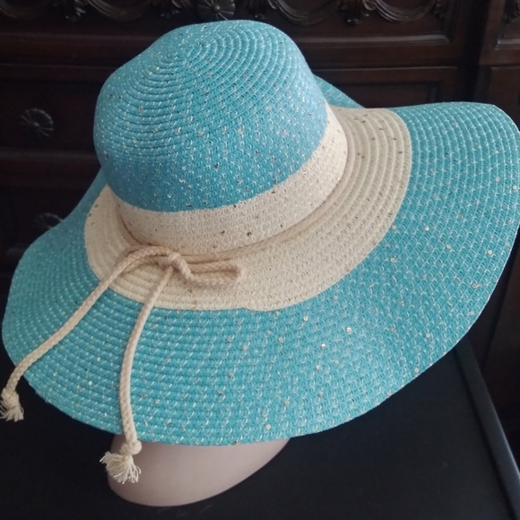 Turquoise Wide Brim Floppy Summer Hat Beach Church Reception Party Brunch NWT - Picture 2 of 9